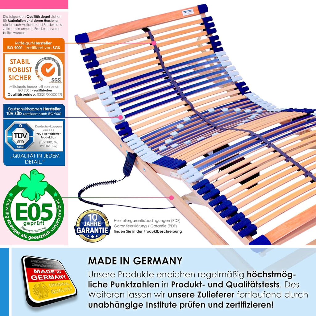 elektrischer Lattenrost 100% BUCHE - Kopf- u. Fußteil elektrisch verstellbar - SCHULTERFRÄSUNG, 7 Zonen, 44 Federleisten, Härteregulierung, Mittelgurt - Motor Comfort 44® - fertig montiert (140x200)