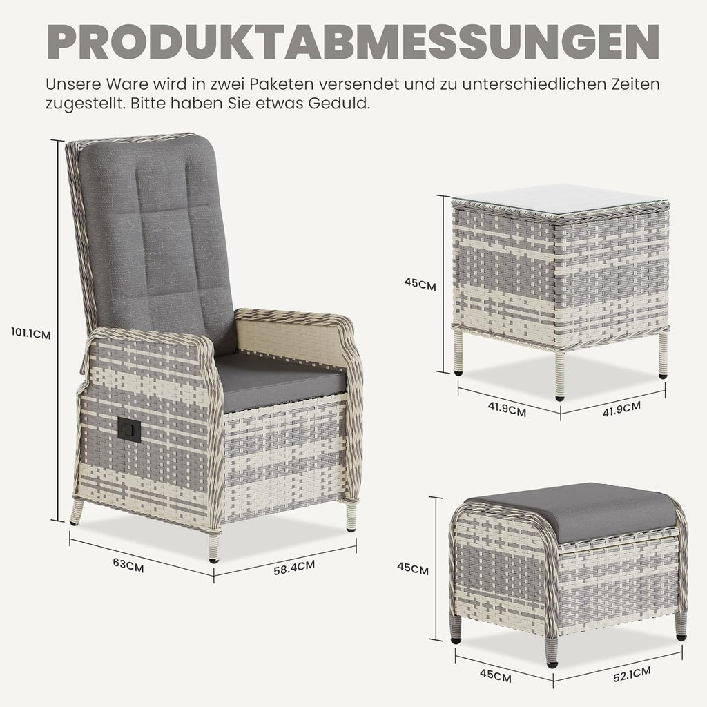 Gotland Rattan Gartenmöbel Set Lounge Möbel Outdoor, Verstellbares 2-Sitzer Terrassenmöbel Außen mit 118° Rückenlehne & Fußhocker, Hochwertige Polster & Glastisch, Wetterfest (Grau)