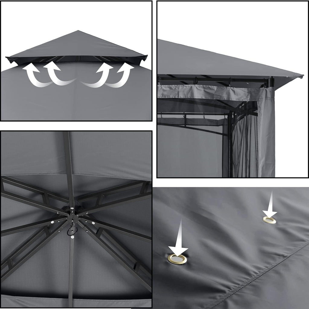 ABCCANOPY Pavillon 2.5x2.5m Wasserdicht Stabil Winterfest Gartenpavillon，Doppeldachweichdach Hinterhof-Partyzelt mit Netz für Schatten und Regen,Grau