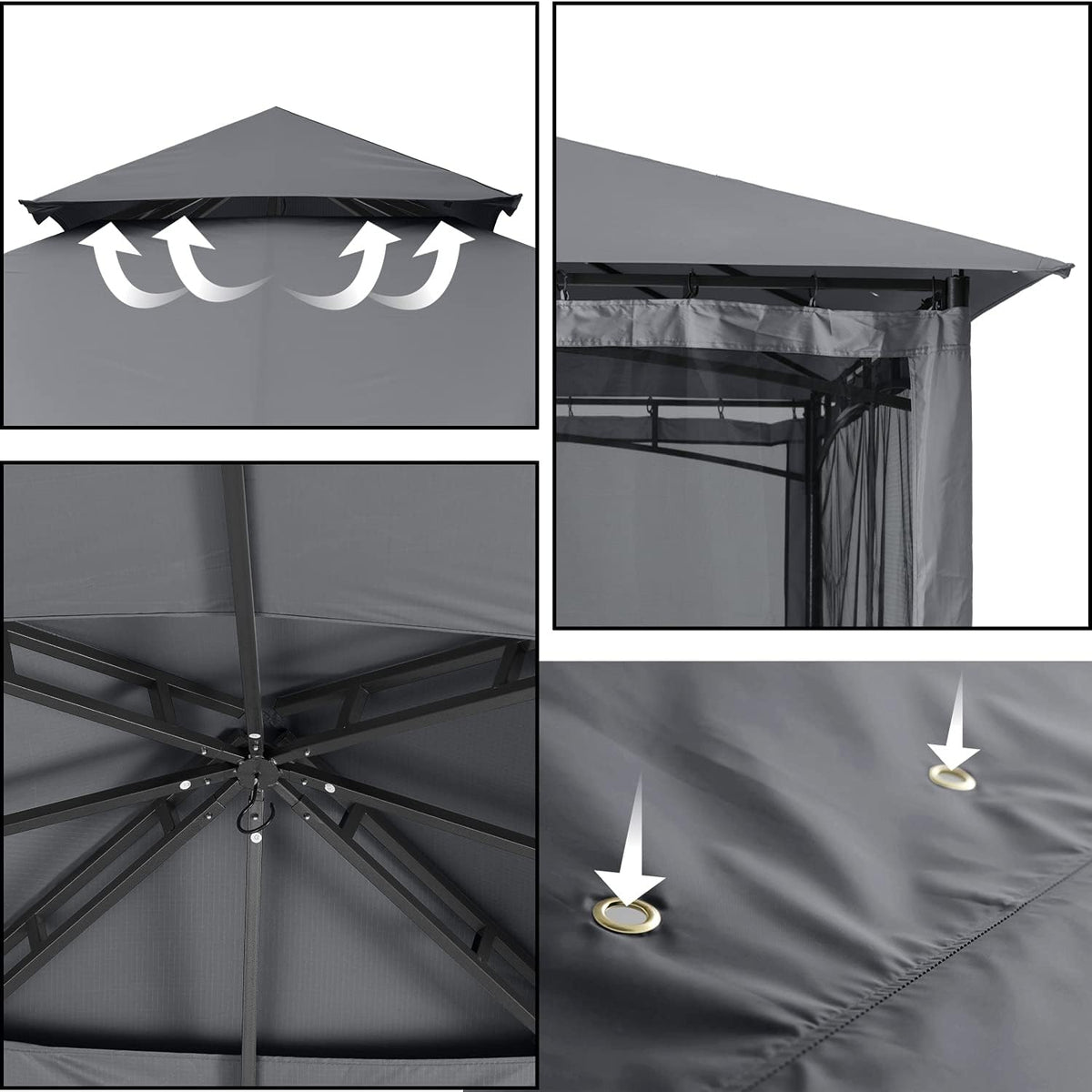 ABCCANOPY Pavillon 2.5x2.5m Wasserdicht Stabil Winterfest Gartenpavillon，Doppeldachweichdach Hinterhof-Partyzelt mit Netz für Schatten und Regen,Grau