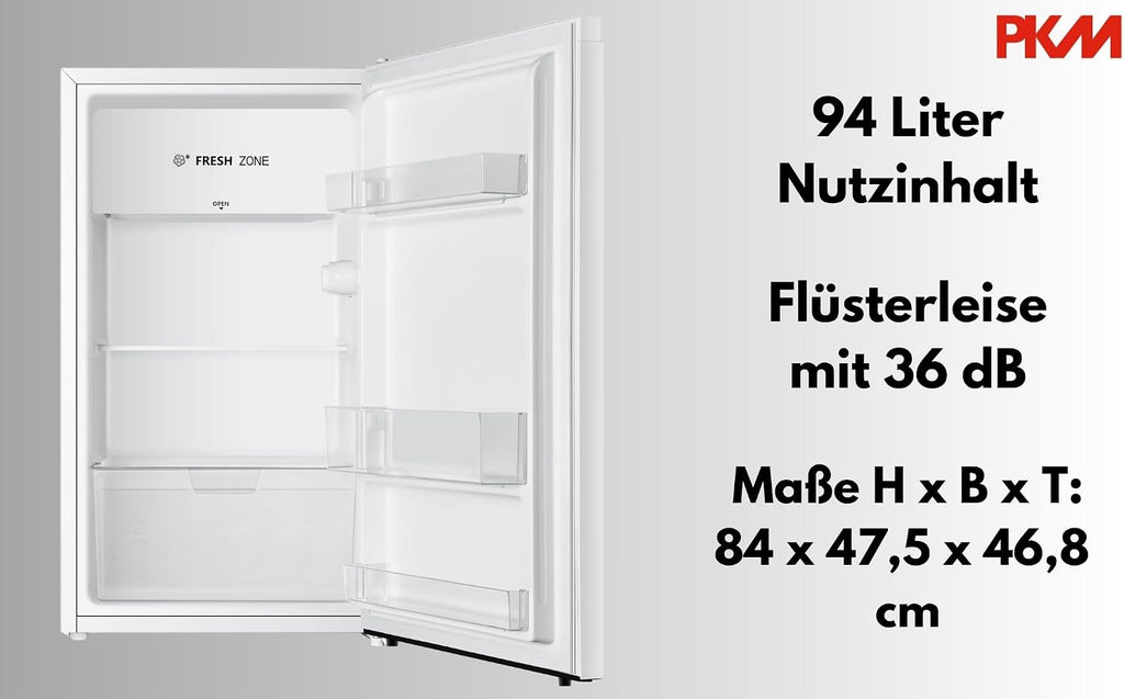 PKM KS93E Kühlschrank mit Kaltlagerzone | 94 Liter | Weiß | Sehr leise mit 36 dB | Wechselbarer Türanschlag | 1 Gemüseschublade | 47,5 cm Breite | Regelbares Thermostat | Energieeffienzklasse E