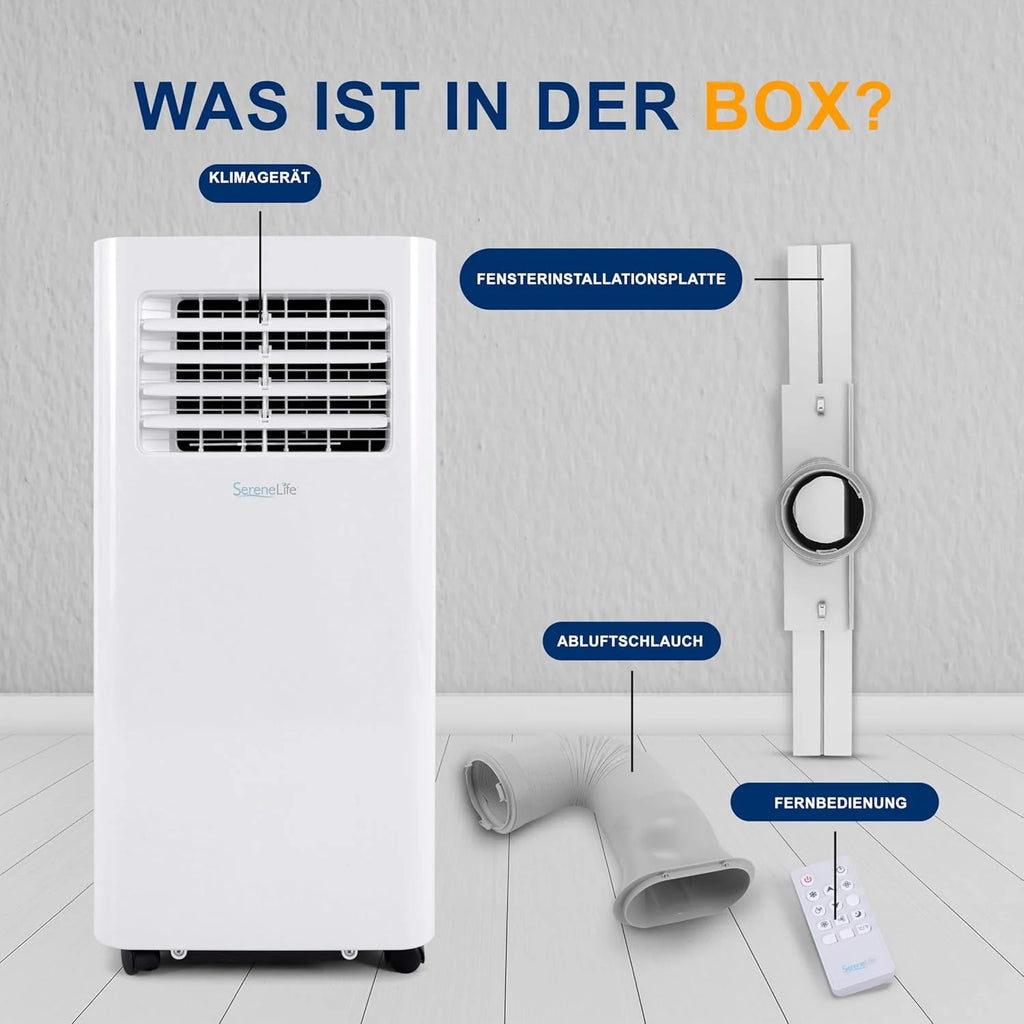 SereneLife 3-in-1 Mobile Klimaanlage mit Abluftschlauch – Klimagerät als Luftkühler, Ventilator & Luftentfeuchter– Mini Klimaanlage für Räume bis zu 28 m2 – Luftkühler für Zuhause & Büro 10,000 BTU