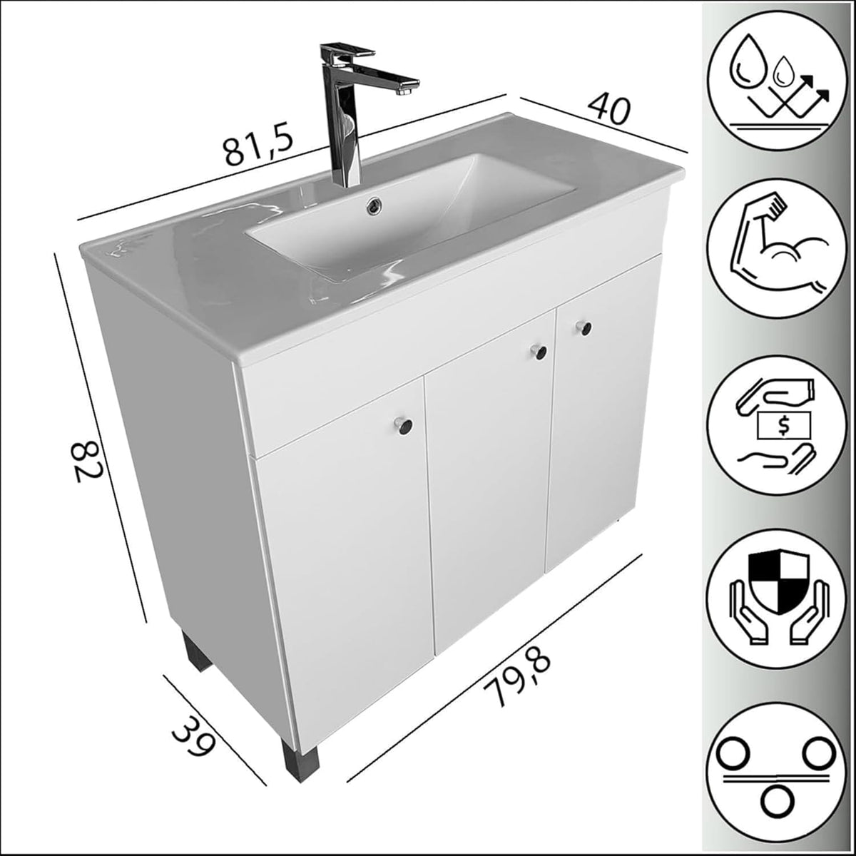 Waschbecken mit Unterschrank 80 cm Breit | Badezimmerschrank IGA Sink | Badmöbel Set für Badezimmer & Gäste-WC | Waschtisch mit Unterschrank Stehend | Waschbeckenunterschrank Weiß