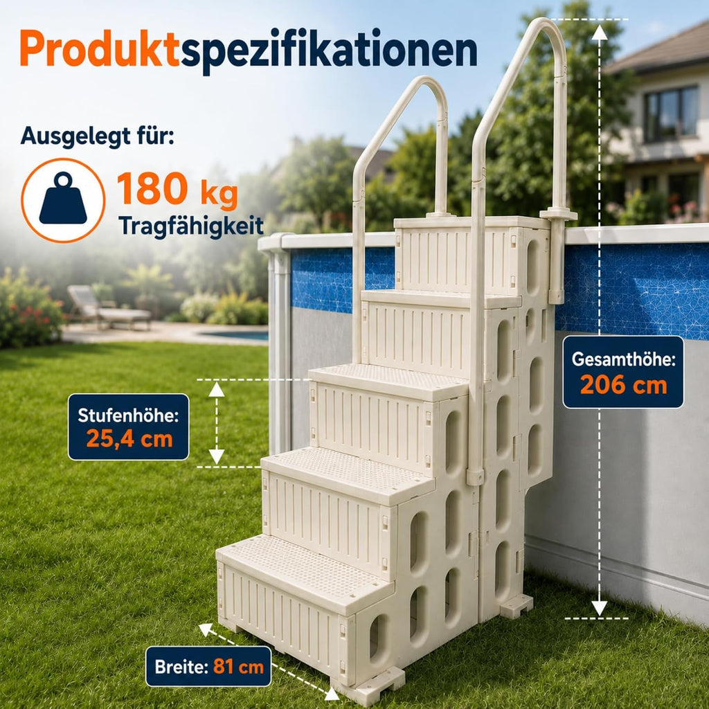 Poolleiter 4-stufig, Weiße HDPE Pooltreppe mit Doppelhandlauf und rutschfest, Maximale 180 kg Tragkraft für Aufstellpool 122–137 cm, Gartenpool, Eingelassene Pools, Familien & Senioren
