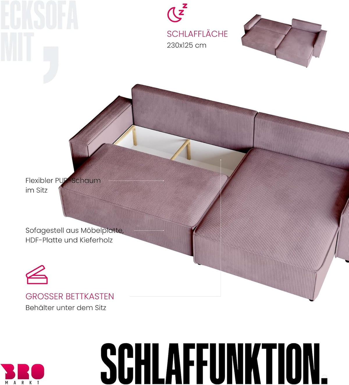 BROMARKT Sofa mit Schlaffunktion Couch L Cordstoff Sofa Bettkasten Schlafsofa für Wohnzimmer Ecksofa freistehend Adi XL Relaxsofa 3 sitzer 272x143x85 cm Vanilla