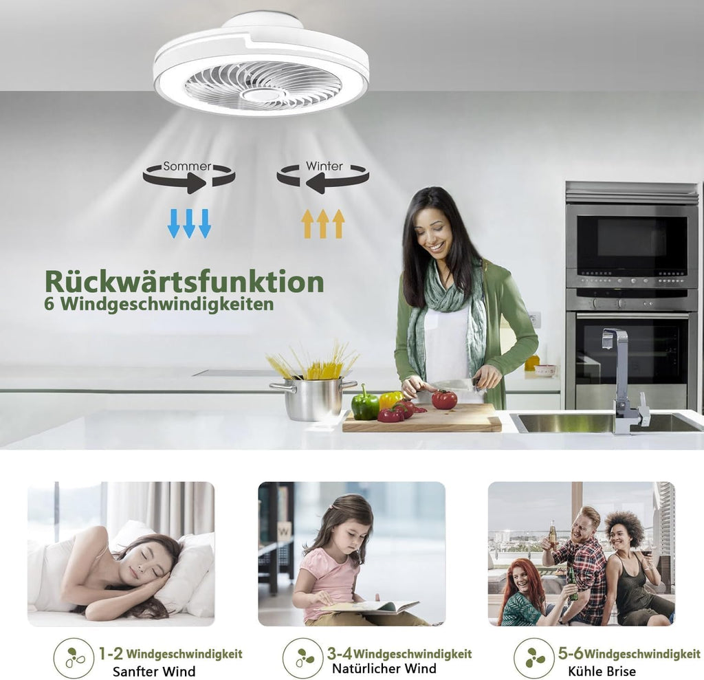LED Deckenventilator mit Beleuchtung Leise 6 Windstufen, lampe mit ventilator, APP, Modernes Design deckenventilator mit licht für Wohnzimmer Schlafzimmer,(50CM，Weiß)