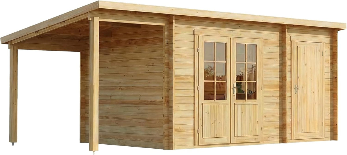Alpholz Gartenhaus Maria mit Anbau & Schleppdach aus naturbelassenem Holz mit 40mm Wandstärke 598 x 272 cm