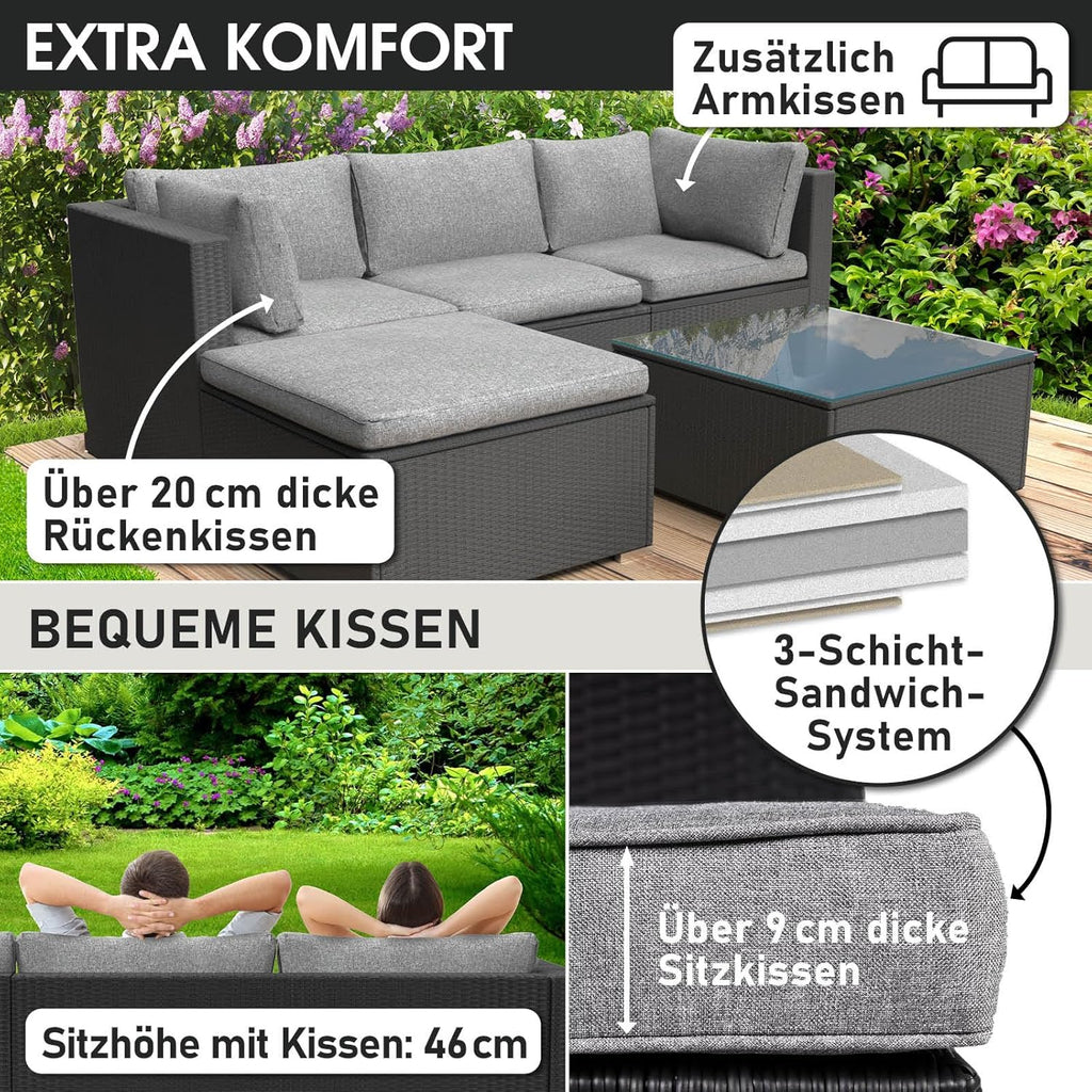 BRAST® Gartenmöbel Lounge Set | 4-5 Personen viele Modelle & Farben | inkl. extra Dicke Kissen | TÜV geprüft | Outdoor Loungemöbel Sitzgruppe Essgruppe Garnitur | Royal Schwarz
