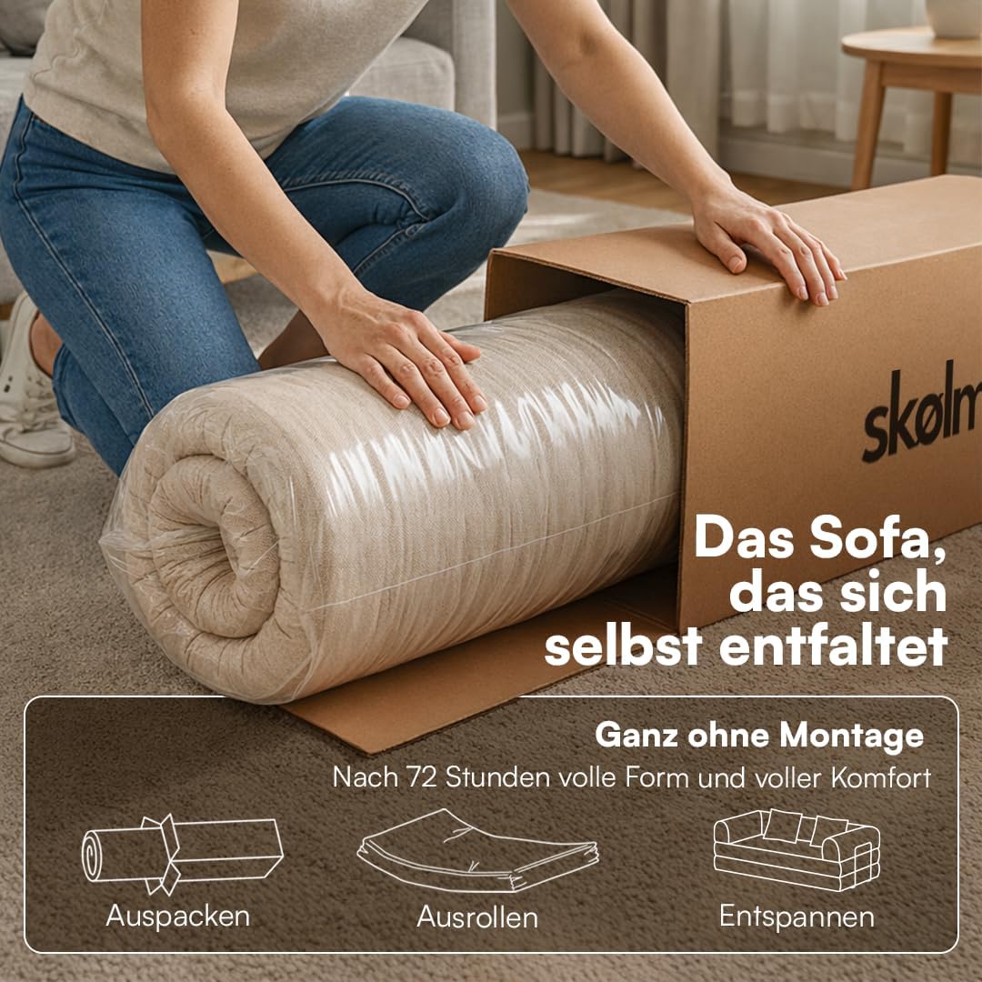 skølm Lofn Ecksofa 4 Sitzer – Wohnlandschaft L-Form Cord – Klappsofa 300cm breit Dunkelgrün – ausklappbar zum Schlafsofa, Bodensofa – Vollschaum Sofa mit 4 Kissen & Stahlgestell – Cloud Couch boneless | ohne Aufbau
