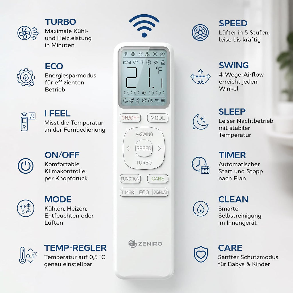 Klimaanlage Split Set - TURBO Cooling - Reine Luft mit Ionisator - WiFi/App-Funktion Klimagerät Kühlen A++/Heizen A+ 5,2kW 18000 BTU Sehr Leise - Fernbedienung, Timerfunktion - Montagematerial