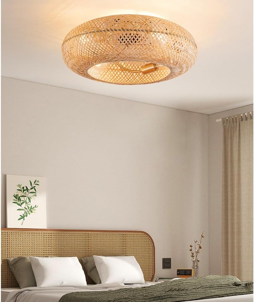Deckenventilator Mit Beleuchtung Bambus Retro Boho 50CM Leise DC Motor Und Fernbedienung Vintage E27 Rattan Schlafzimmer Ventilator Fan Deckenlampe Wohnzimmer Esszimmer Lüfter Deckenleuchte