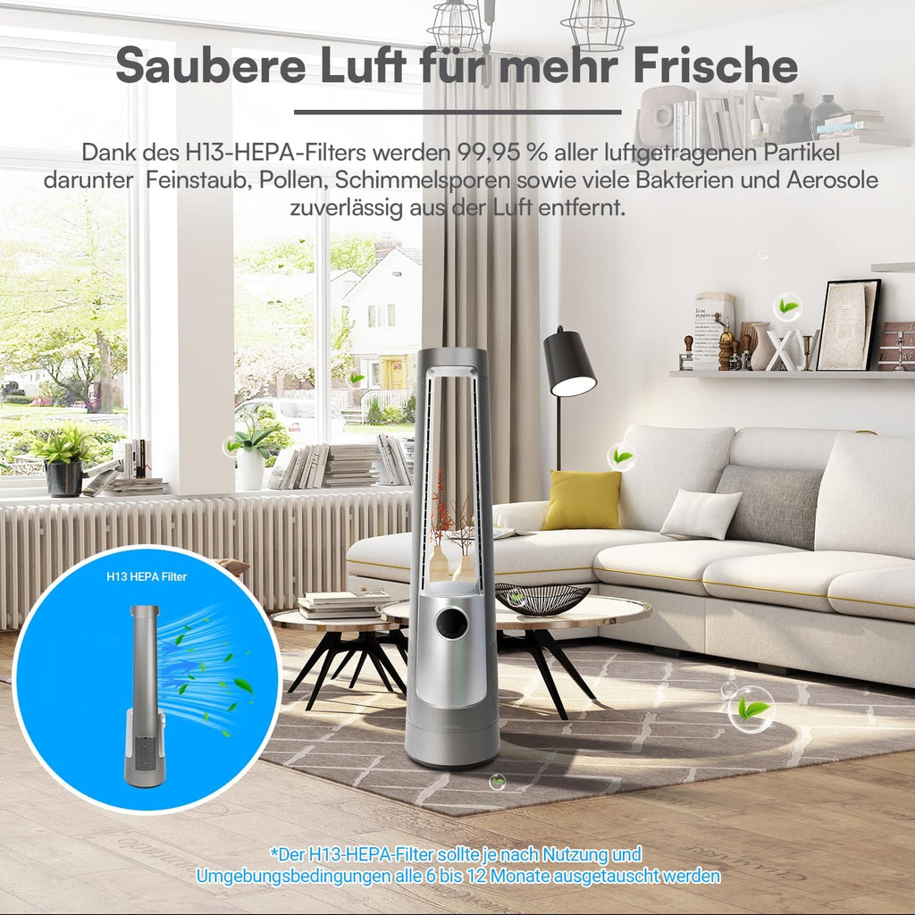 BE COOL AuraSilk Turmventilator 103 cm mit H13-HEPA Filter, rotorlos, 12 Stufen, 55 W DC-Motor, Fernbedienung, Timer, Schwenkfunktion, Luftreiniger