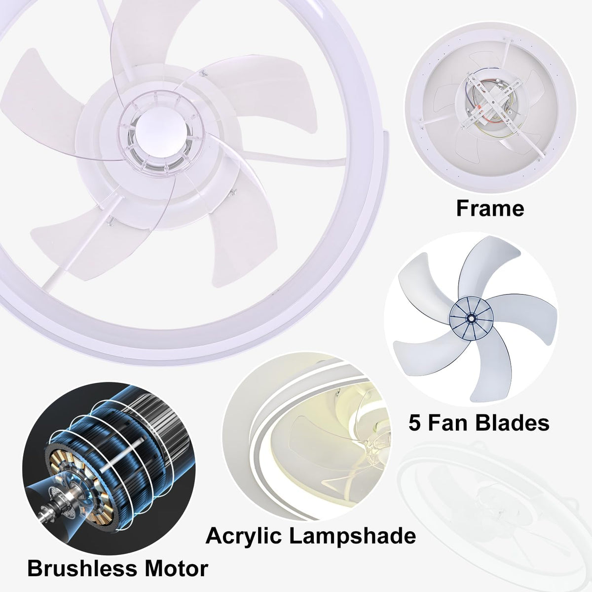 LED Deckenventilator mit Beleuchtung und Fernbedienung, Leise, 64W APP Dimmbare Deckenleuchte mit Ventilator, Umkehrbare 6-Speed Lampe mit Ventilator, 5 Lüfterflügel, Timer, (Weiß)