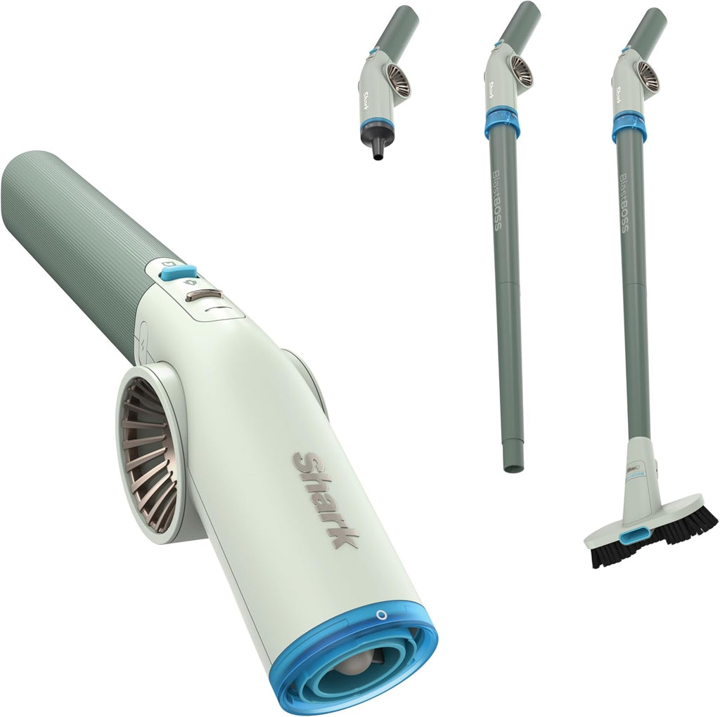 NEW Shark BlastBoss - All-in-One Luftstrahlsystem mit BlastBroom, Präzisions-Düse, Verlängerungsstab, Innen/Außen-Reinigung, 0-190 MPH, Kabelloses Handgebläse, wiederaufladbar, Salbei, AB2111GN