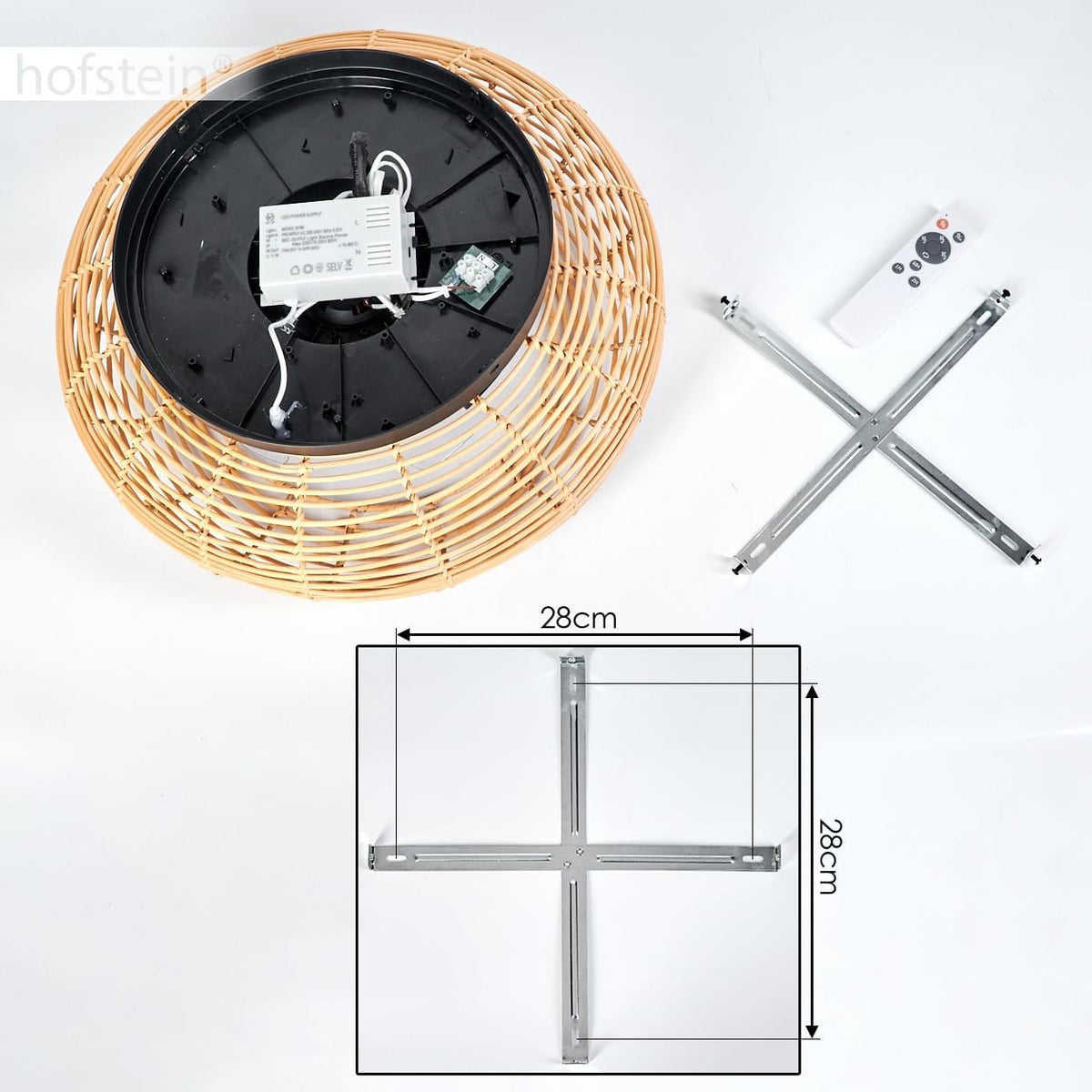 HOFSTEIN Deckenventilator Mulstrand, Ventilator aus Metall/Bambus in Schwarz/Natur mit Fernbedienung, Auf-/Abwind-Funktion u. Lichteffekt an der Decke, Deckenleuchte 4-flammig Ø 50cm, 4x E27, 3 Stufen