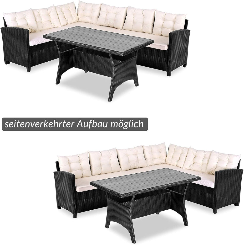 Casaria® Polyrattan Ecklounge Set WPC Esstisch Ecksofa inkl. 7cm Sitzauflagen 15cm Kissen Wetterfest Outdoor Lounge Garten Terrasse Balkon Möbel Schwarz