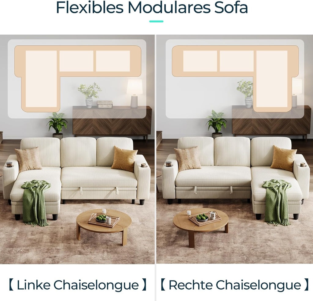 LINSY HOME Schlafsofa Ausziehbarer Couch, Ecksofa mit Schlaffunktion, Stauraum, Cord-Bezug L-Form Modulare Sofas mit Chaiselongue für Wohnzimmer und Wohnungen (Beige, L-Form)