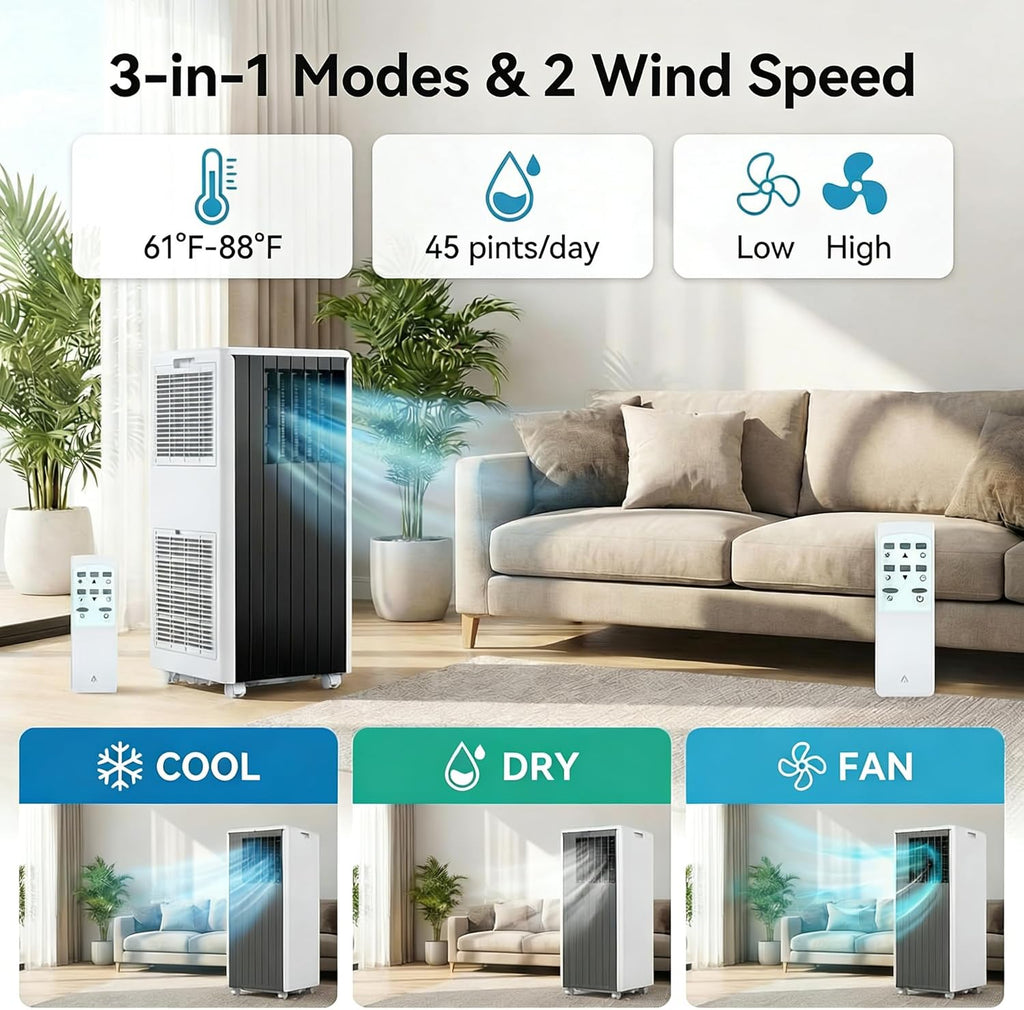 Mobile Klimaanlage, 8000 BTU, 3 in 1 AC Kühlung, tragbare Klimaanlage mit Sleep-Modus, Bodenklimaanlage ohne Belüftung, 3 Lüfter