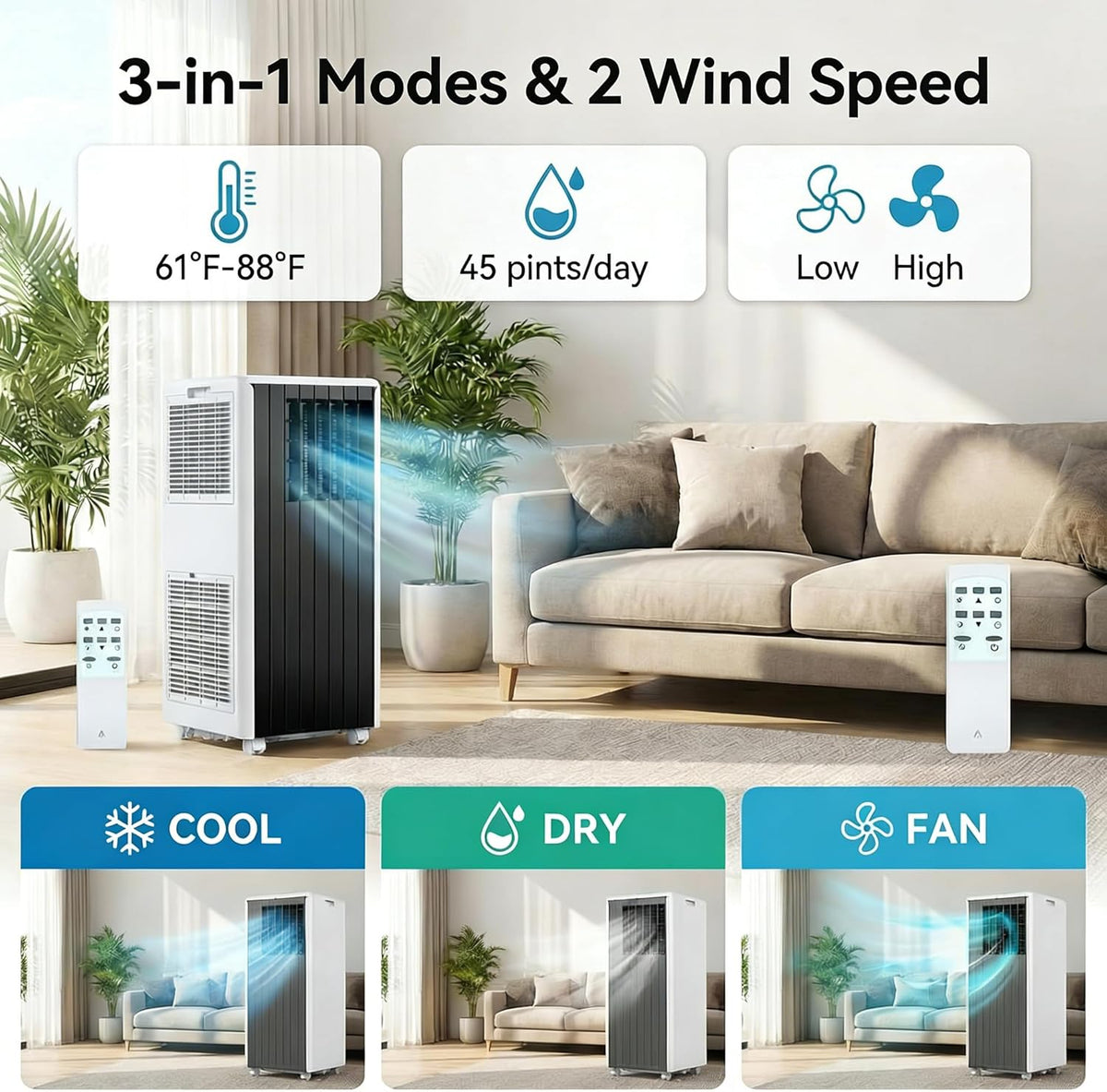 Mobile Klimaanlage, 8000 BTU, 3 in 1 AC Kühlung, tragbare Klimaanlage mit Sleep-Modus, Bodenklimaanlage ohne Belüftung, 3 Lüfter