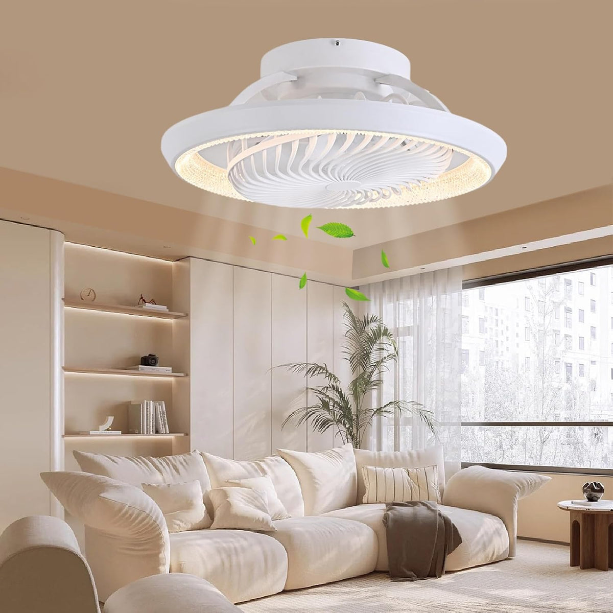 Deckenventilator mit Beleuchtung leise 360° Drehbar, 49cm Moderne Deckenlampe mit Ventilator und Fernbedienung, APP Steuerung, 6 Windstufen, DC Motor, für Schlafzimmer, Weiß
