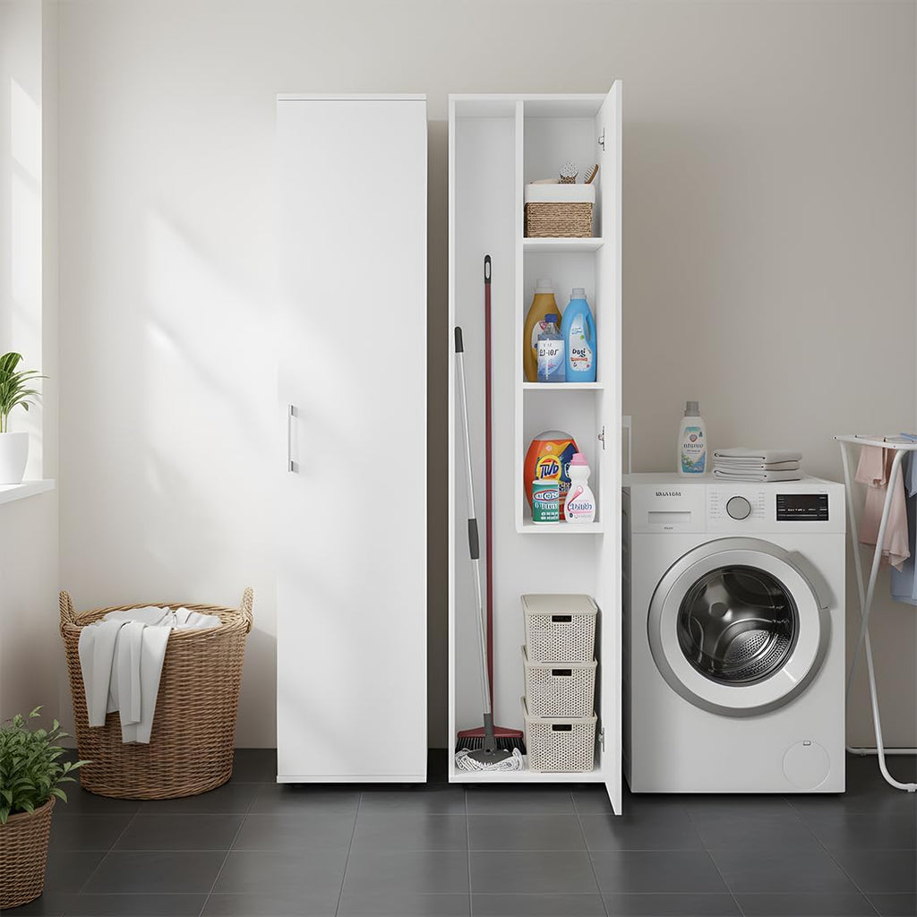 Bellamio Apol Besenschrank - Mehrzweckschrank 40 cm breit Weiß - Vorratsschrank mit Staubsaugerfach - Putzschrank aus Holz - Flurschrank mit Stauraum - Haushaltsschrank - Allzweckschrank 176x33x40 cm