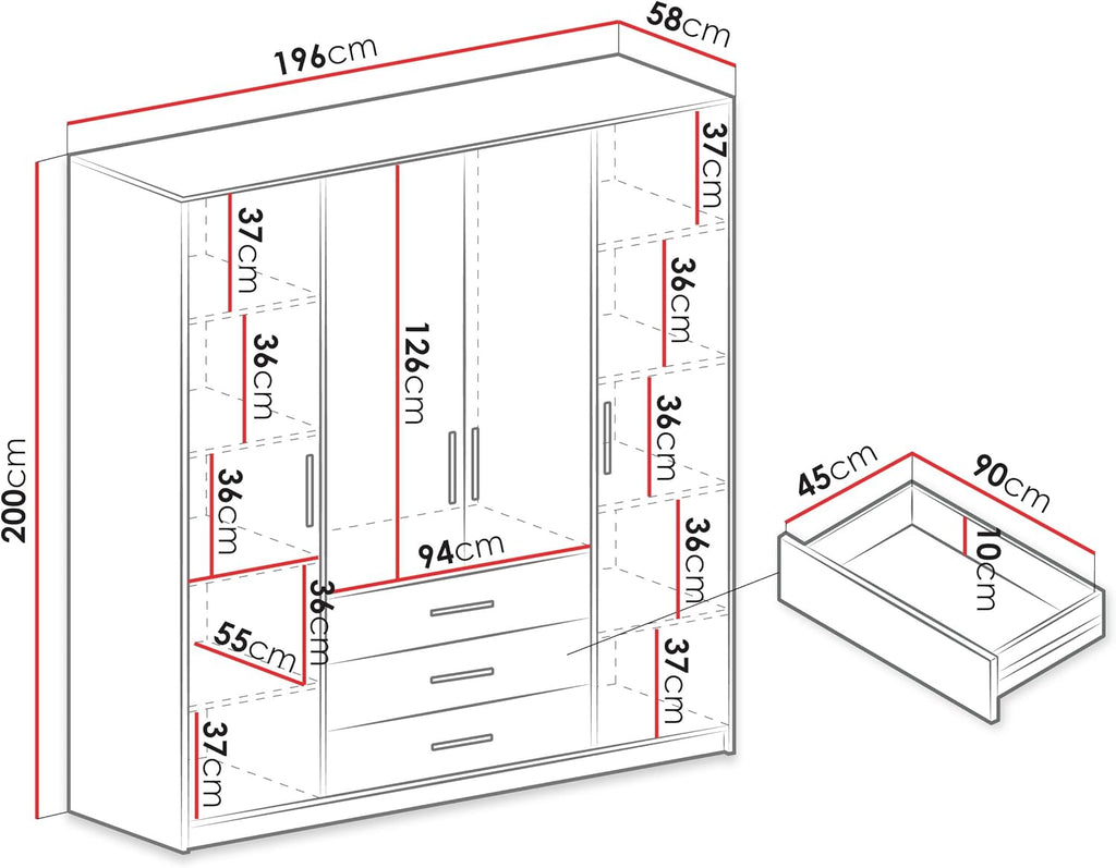 Drehtürenschrank Bado 4D, Kleiderschrank mit Spiegel, Schubladen und Spiegeltüren, Elegantes Schlafzimmer Schrank, Jugendzimmer (Weiß)