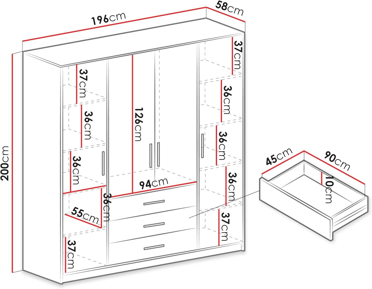 Drehtürenschrank Bado 4D, Kleiderschrank mit Spiegel, Schubladen und Spiegeltüren, Elegantes Schlafzimmer Schrank, Jugendzimmer (Weiß)