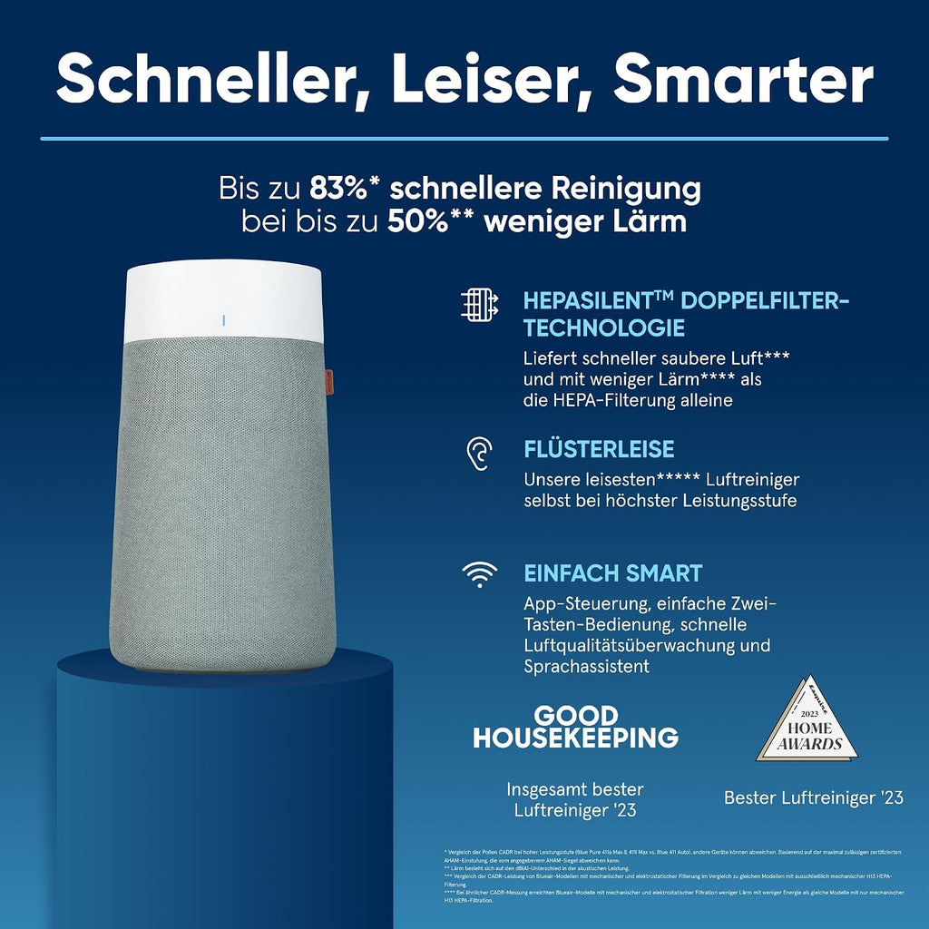 BLUEAIR Luftreiniger für Räume bis 103m² – Smart, leise, mit HEPASilent-Technologie – entfernt Allergene, Tierhaare, Rauch, Staub und Schimmel - Blue Pure 3450i Max (311i+ Max)
