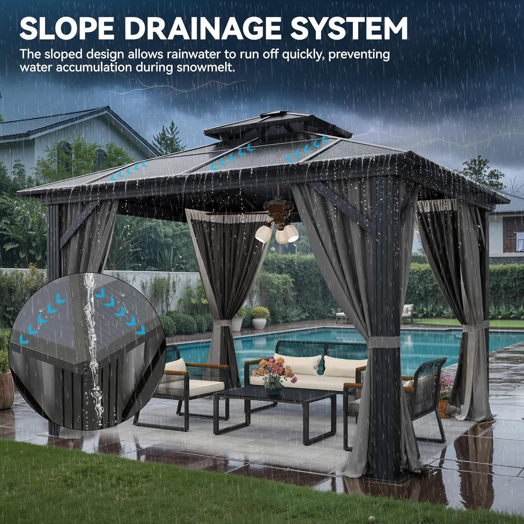 YITAHOME 3 x 3m Wasserdicht Polycarbonat Dach Pavillon mit Doppeldach,Netz und schattigen Vorhängen,Aluminium-Rahmen, Gartenzelt für Terrasse, Hinterhof, Deck und Rasen