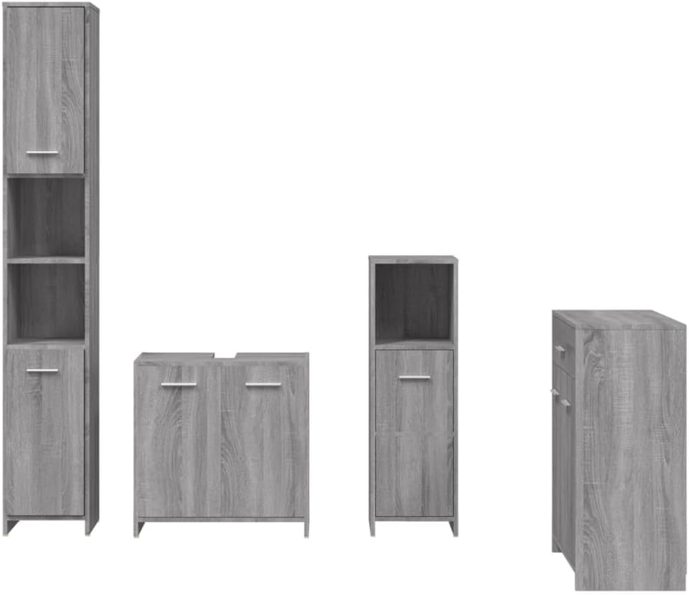 vidaXL Badmöbel Set 4 TLG., Badezimmermöbel mit Hochschrank Waschbeckenunterschrank Midischrank, Badschrank mit viel Stauraum, Waschtischschrank Badezimmermöbel, Grau Sonoma Holzwerkstoff