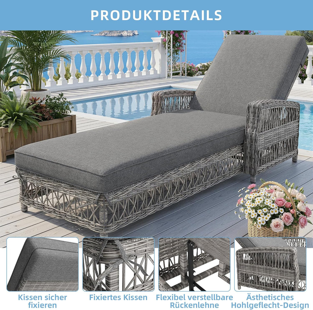 Ball & Cast Gartenliege 2 Personen aus Rattan, Liege mit 4-Fach Verstellbarer Rückenlehne und Bequemer Auflage, 2er Set, 192 x 70 x 83 cm, Grau