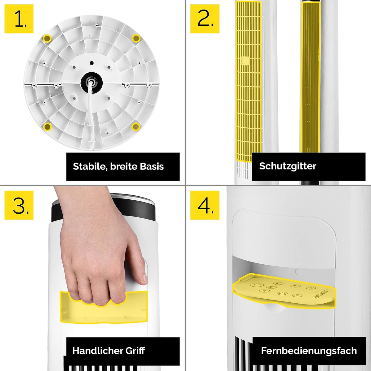 Yoer 29dB Leiser Turmventilator, Ionisator, 10 m Reichweite, Neigungswinkeleinstellung, 12 Geschwindigstufen, 4 Modi, 12 Std. Timer, 90° Oszillation, Fernbedienung, Verto TF01W, weiß