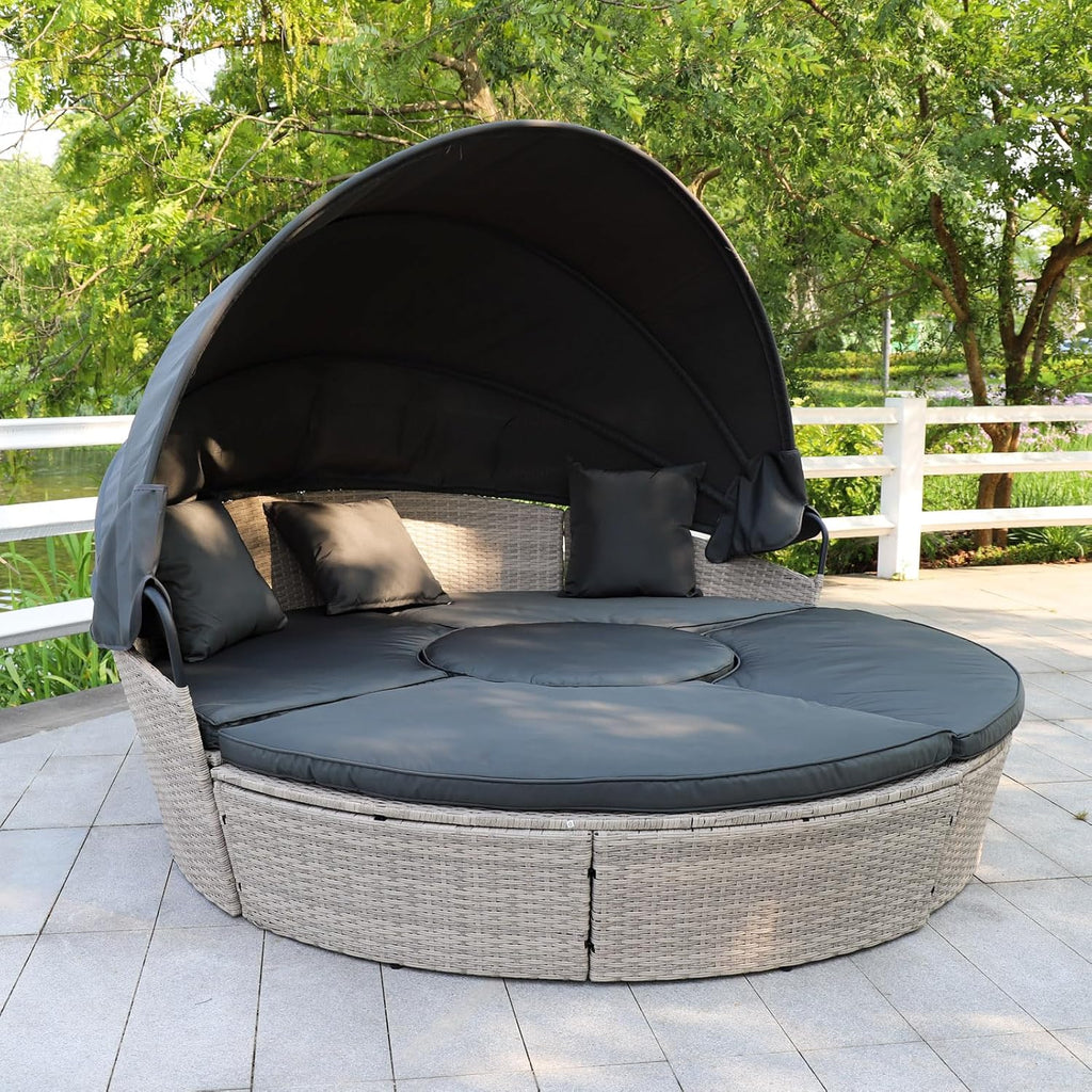 Poly Rattan Sonneninsel XL mit faltbarem Sonnendach Ø 180/210 cm inkl. Auflagen Kissen, Lounge Sonnenliege Gartenmuschel (Hellgrau, Dia 210)