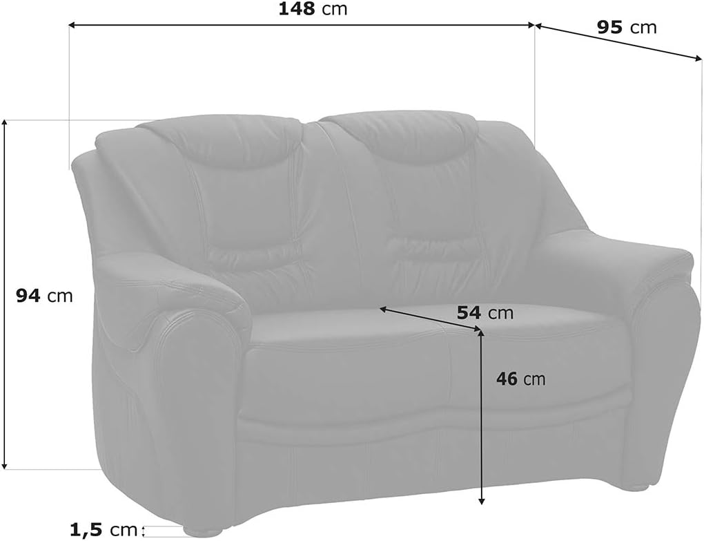 Cavadore 2er Sofa Bansa 2-sitzige Couch in Lederoptik, Kunstleder, schwarz, 148 x 94 x 95 cm