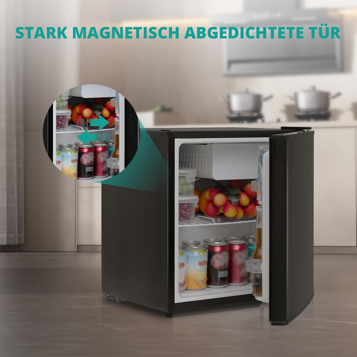 SMETA Mini kühlschränke 45L, Getränkekühlschrank klein 230V, Leise Tischkühlschrank für Büro, Camping, Schlafzimmer & Hotel mit Umkehrbarer 6-Stufen Thermostat, 39dB, 0-10℃,Schwarz