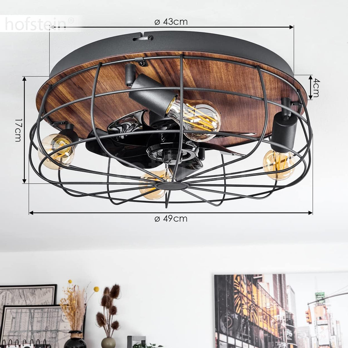 Deckenventilator Moscavide, Ventilator aus Metall/Kunststoff in Schwarz/Holzoptik/Braun mit Fernbedienung, Deckenleuchte mit schwenkbaren Spots, 4-flammig, 4 x E27 max. 10 Watt IP20