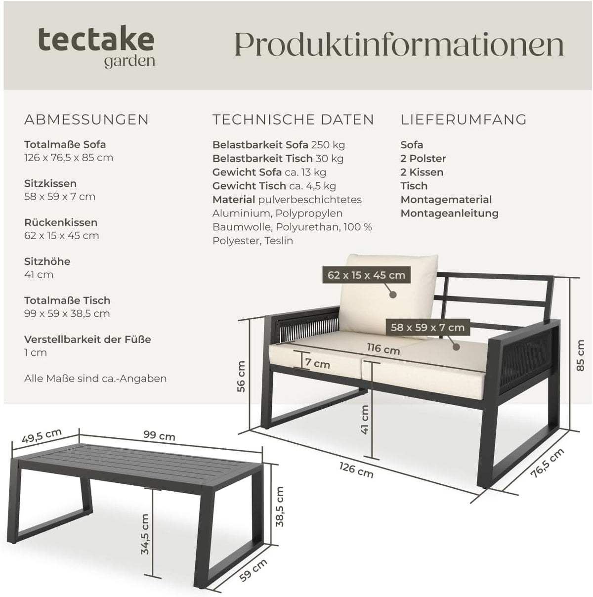 tectake® Rope Design Lounge Möbel Set für Garten oder Balkon, Aluminium Outdoor Sitzgruppe Terrassenmöbel mit Sofa und Tisch in Holz Optik, inkl. Gartenmöbel-Kissen, wetterfest