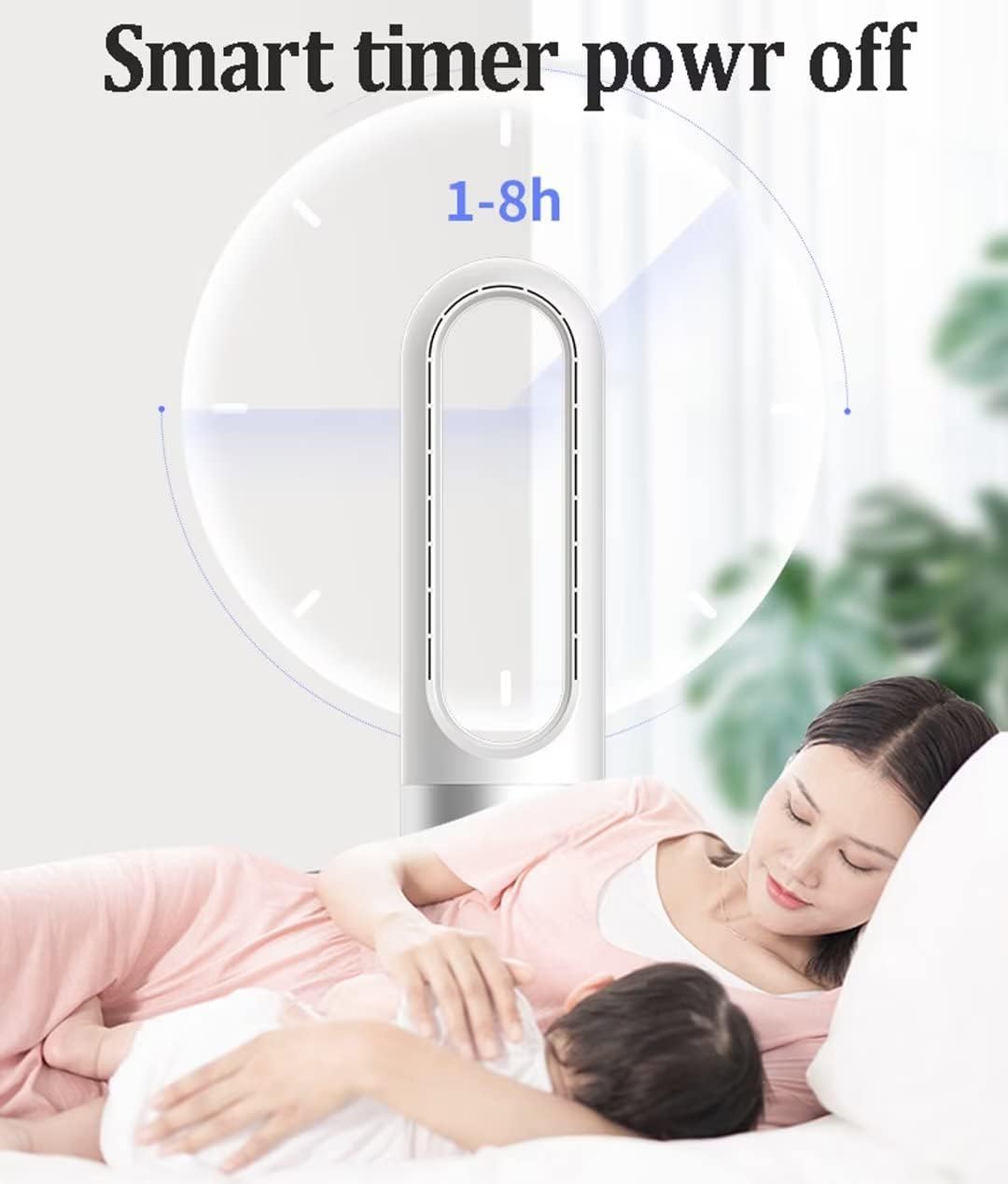 Moderner Turmventilator ohne Flügel, 40 W, natürliche Windkühlung, 80 ° Oszillation mit Fernbedienung, 8 Geschwindigkeitsstufen, 8 Stunden Timer, LED-Anzeige, leise