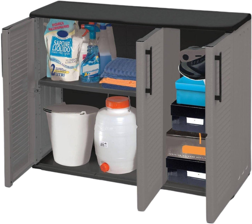 Dmora Mehrzweck Außen oder Innenwechselschrank, 3 türiges Mobile und 1 Polypropylen Regal, 100% Made in Italy, 102x37H84 cm, graue Farbe
