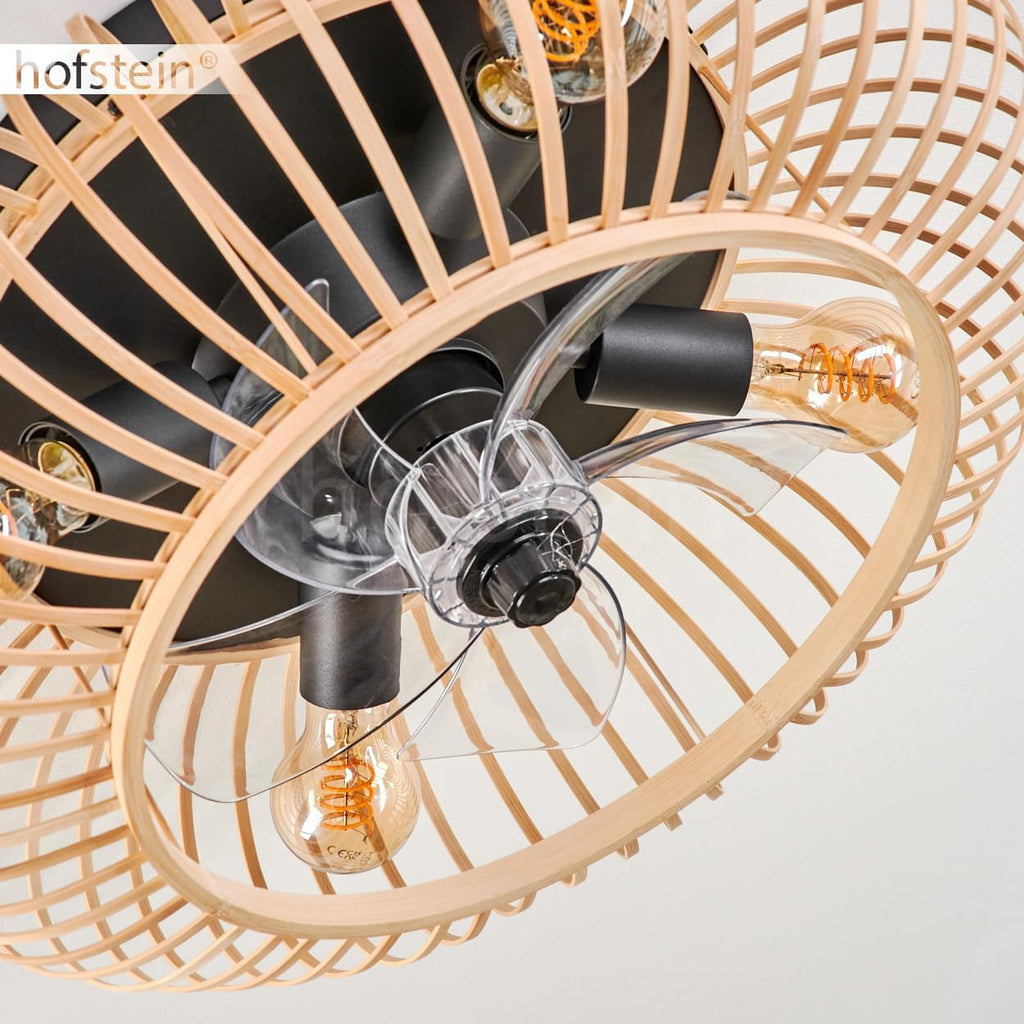 HOFSTEIN Deckenventilator Oravi, Ventilator aus Metall/Bambus in Schwarz/Natur mit Fernbedienung, Auf-/Abwind-Funktion u. Lichteffekt an der Decke, Deckenleuchte 4-flammig Ø 50 cm, 4 x E27, mit Timer
