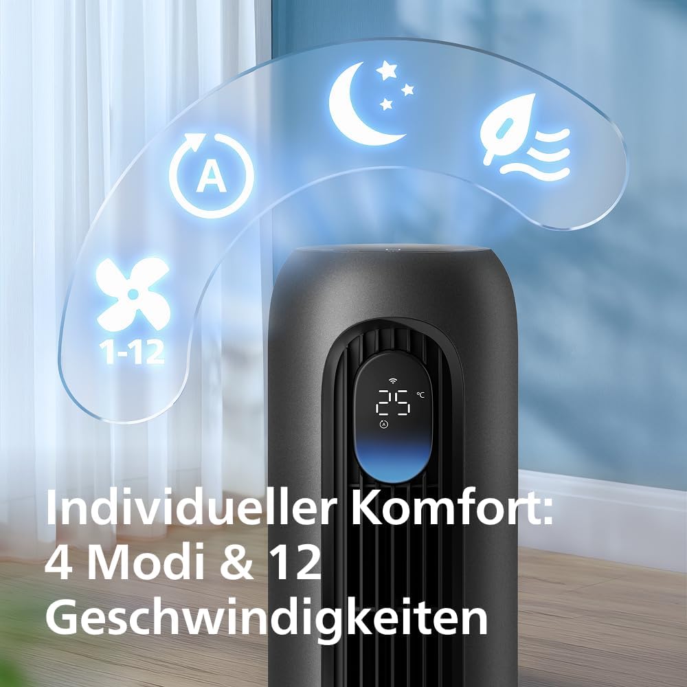 Philips Smarter Turmventilator 7000 Series – 8,4 m/s stark, ultraleise 22 dB, energieeffizient, App & Fernbedienung, Wlan, 12 Stufen, Schlafmodus, Temp‑Anzeige, 12‑h Timer, 80° Oszillation (CX7550/01)