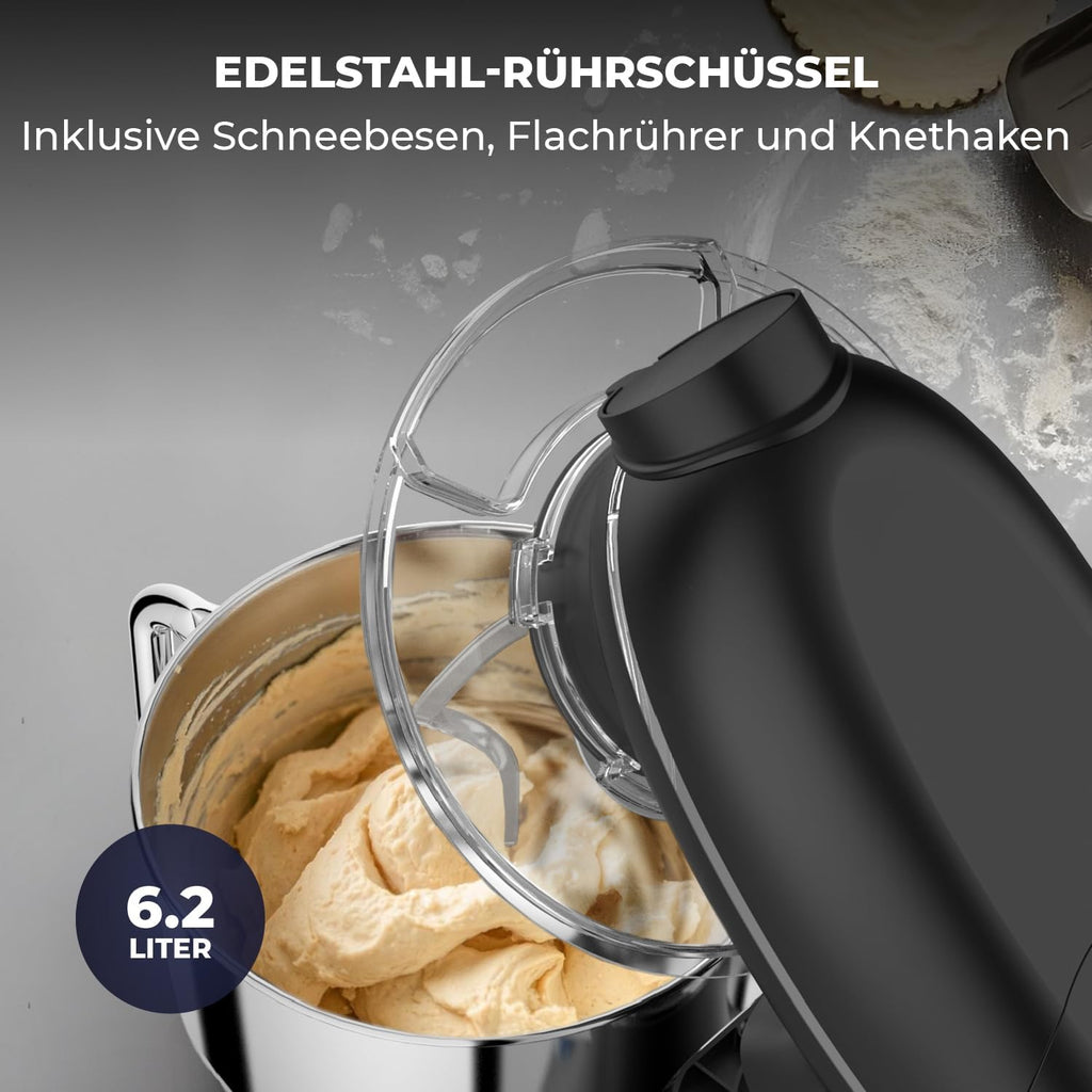 Fentic 6-in-1 Küchenmaschine – 2000W – Mit Fleischwolf, 1,5L Entsafter, Gemüseschneider und Mehr – Knetmaschine mit 6,2L Rührschüssel, Rührhaken, Knethaken, Schlagbesen und Spritzschutz (Schwarz)