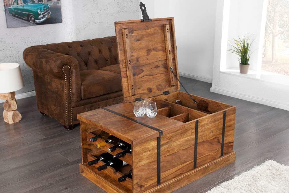 Invicta Interior riess-Ambiente Massiver Couchtisch Hausbar Bodega 100cm Sheesham Stone Finish Aufbewahrung Wohnzimmertisch Truhe Barschrank