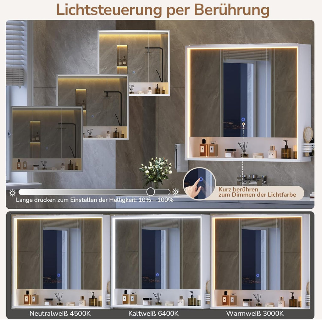 3-türiger Badspiegelschrank 80 cm breit mit LED-Beleuchtung, Steckdose & Touch-Sensor, 3 Lichtfarben dimmbar – inkl. Föhnhalter, Handtuchhalter & 4 verstellbaren Einlegeböden – Weiß