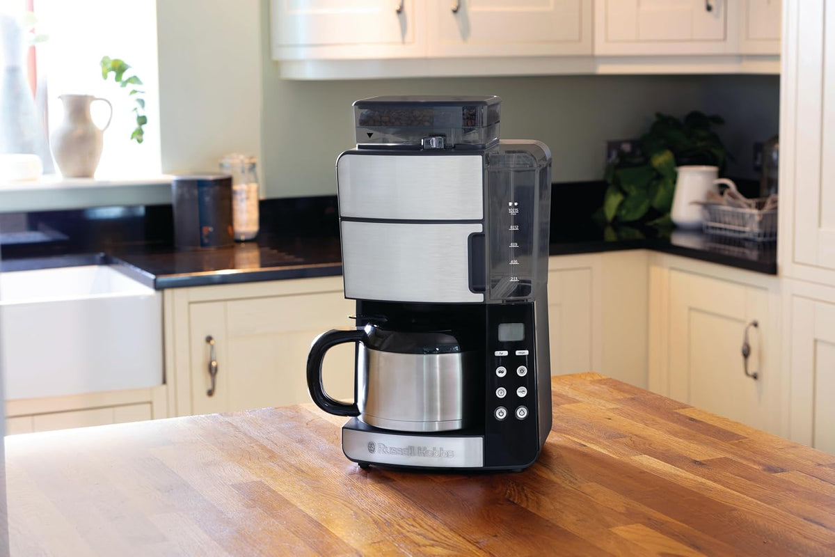 Russell Hobbs Kaffeemaschine mit Mahlwerk Thermokanne [Digitaler Timer, Brausekopf für opt. Extraktion & Aroma] Grind&Brew (max 10 Tassen, 3-stufige Mahlgradeinstellung) Filterkaffeemaschine 25620-56