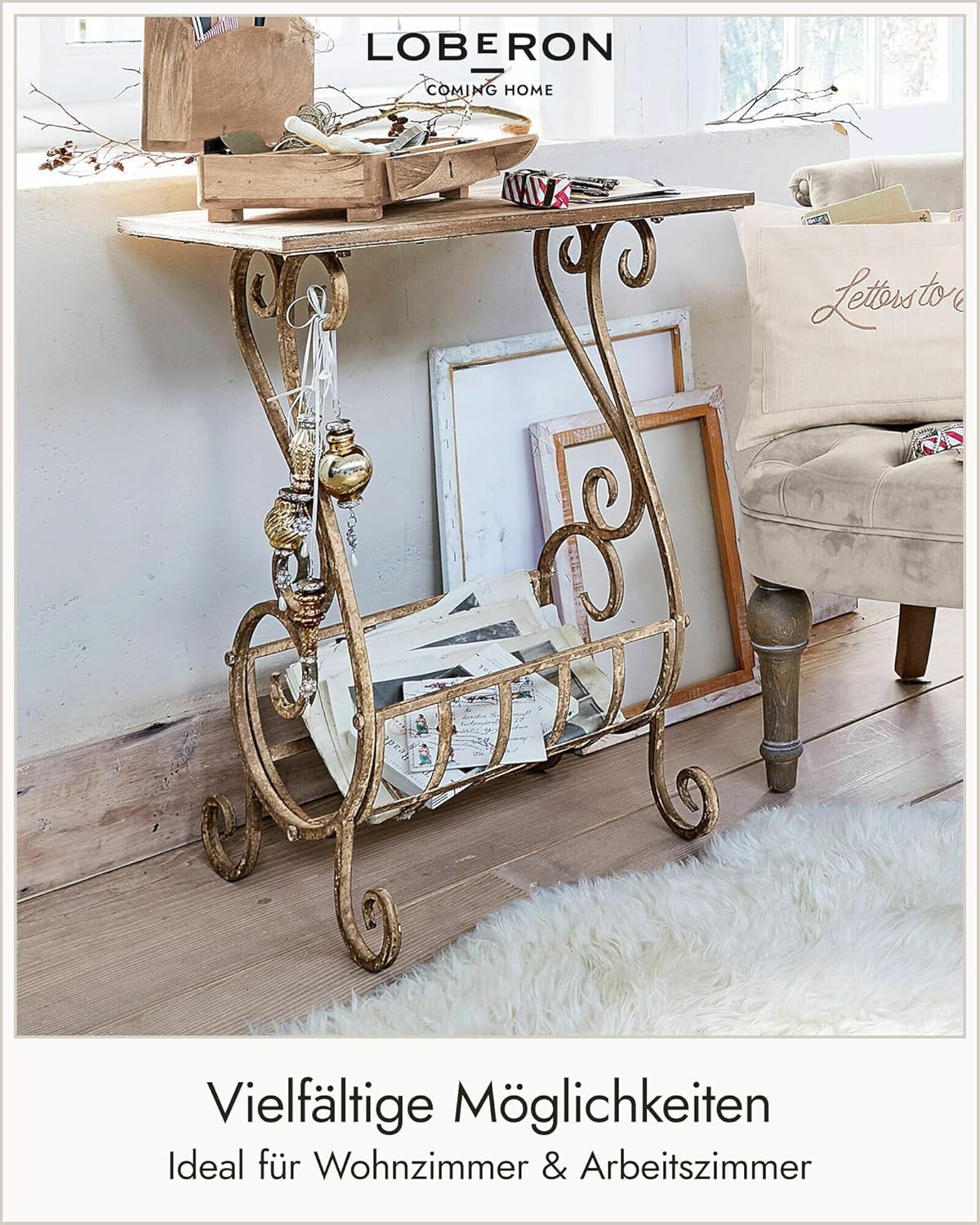 Loberon Konsole Ciattos Antikbraun - Konsolentisch aus Eisen mit Ablage aus Tannenholz - Tisch im Nostalgischen Design - ca. 70cm x 57cm x 34cm