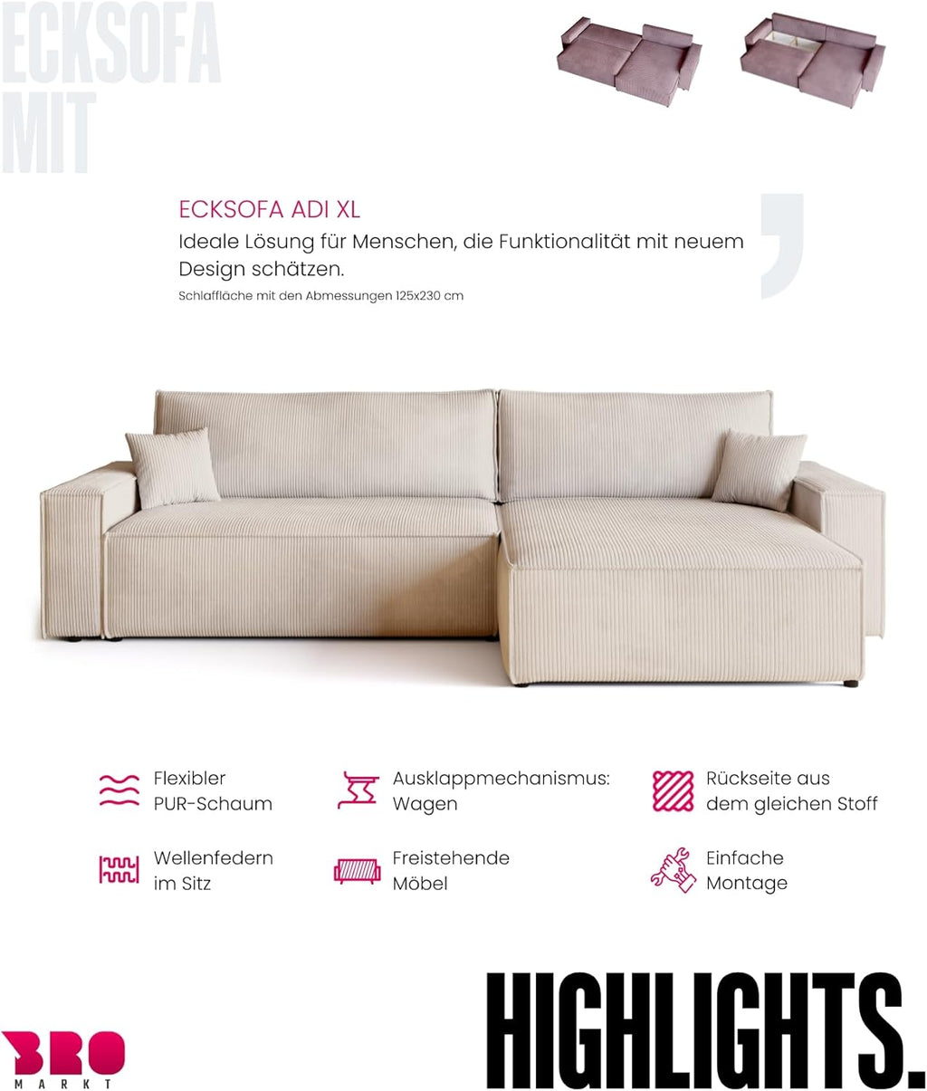 BROMARKT Sofa mit Schlaffunktion Couch L Cordstoff Sofa Bettkasten Schlafsofa für Wohnzimmer Ecksofa freistehend Adi XL Relaxsofa 3 sitzer 272x143x85 cm Vanilla
