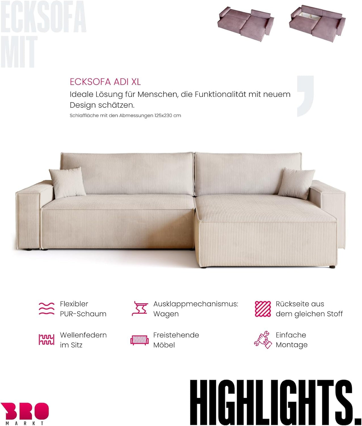 BROMARKT Sofa mit Schlaffunktion Couch L Cordstoff Sofa Bettkasten Schlafsofa für Wohnzimmer Ecksofa freistehend Adi XL Relaxsofa 3 sitzer 272x143x85 cm Vanilla