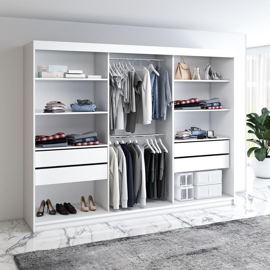 A und J MöbelLand Schwebetürenschrank VILUNO 2 Kleiderschrank 3-türig 200 cm mit Spiegel, 4 Schubladen  und  2 Kleiderstangen, Geräumiger Schlafzimmerschrank (Schwarz/Sonoma)