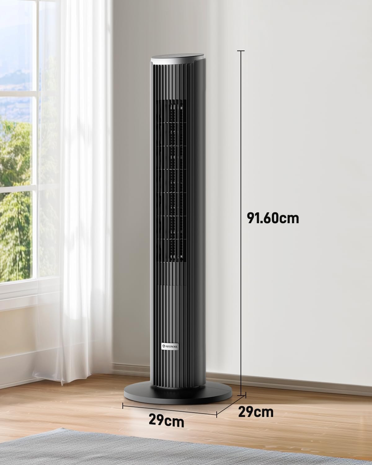 Ateroll Leiser Turmventilator für Schlafzimmer, Standventilator mit Fernbedienung, 90° oszillierend, 4 Geschwindigkeiten 3 Modi 12H Timer LED-Anzeige, 91 cm Elektrischer Kühlventilator, Schwarz